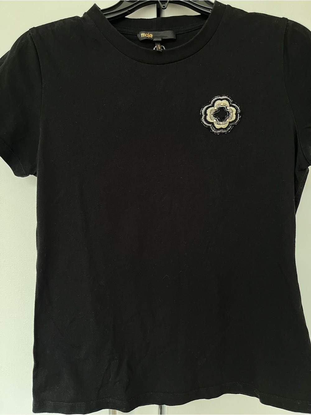 Maje Black Short Sleeve Tee with Beaded Floral Applique